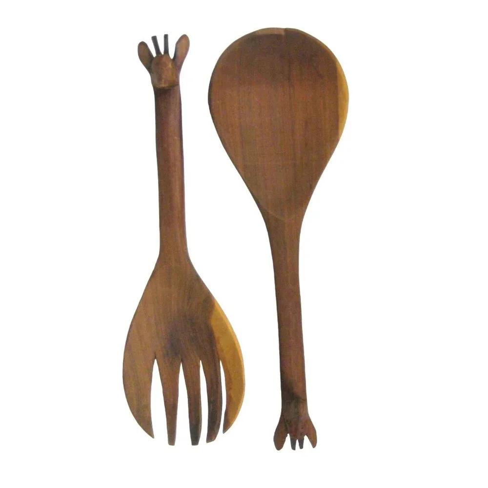 Hand Carved Wooden Giraffe Salad Spoon and Fork Serving Set of 2 CHIP